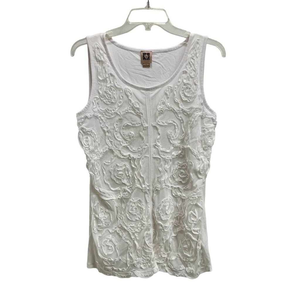 Anne Klein Women White Sleeveless Blouse Shirt Top with Ruffled Floral Overlay